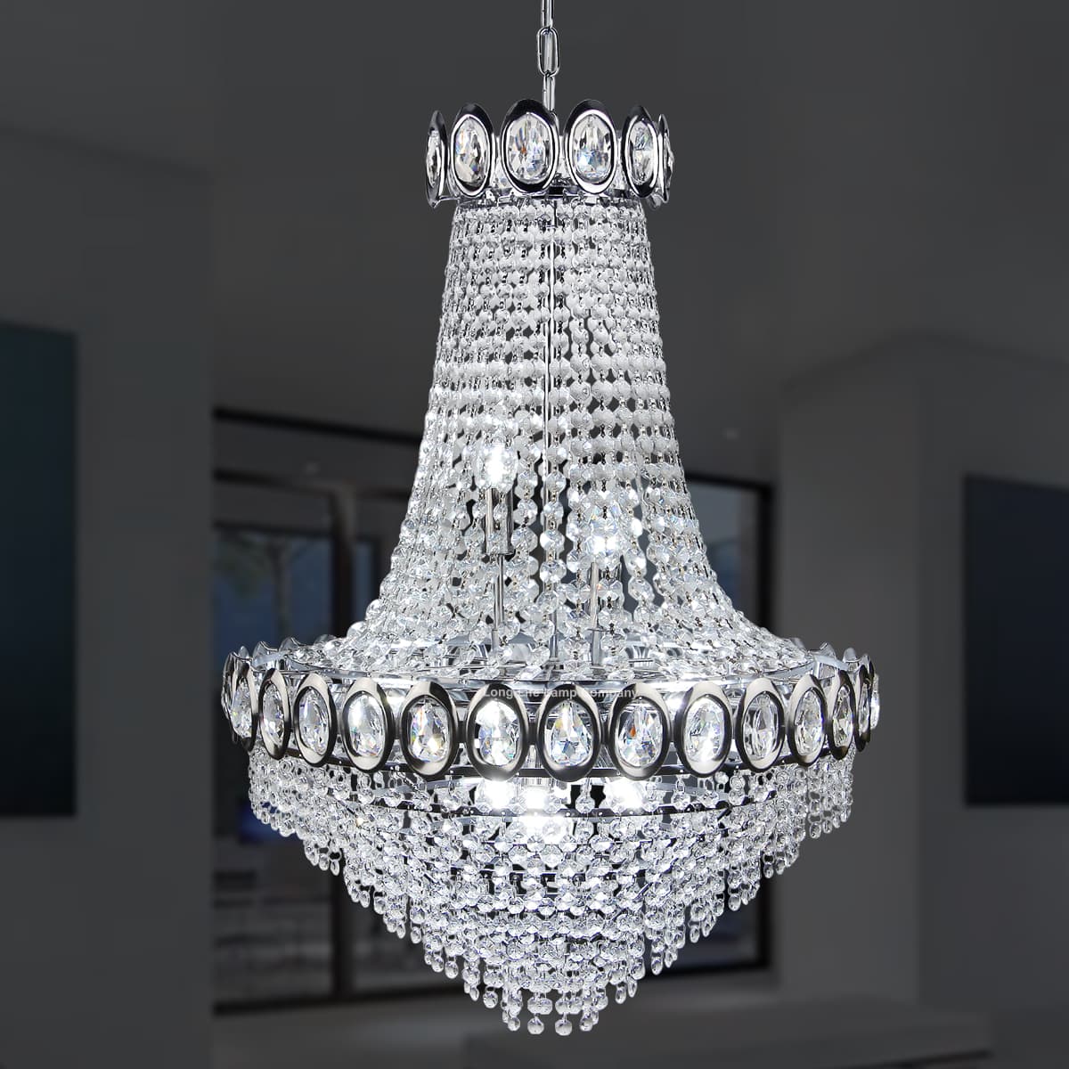 Large Ceiling Crystal Pendant Chandelier Suspended Chrome Frame Cascading Droplets H3033