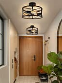 Round 3-Light Industrial Ceiling Lantern Semi Flush Mount Black Shade