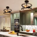 Industrial Black Ceiling Light Round 2 Light Drum Shade Lantern Semi Flush Mount K439 
