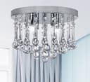 Chandelier Ceiling Light Round Modern Flush Mount Crystal Droplets Chrome Base with 4 LED Bulbs 
