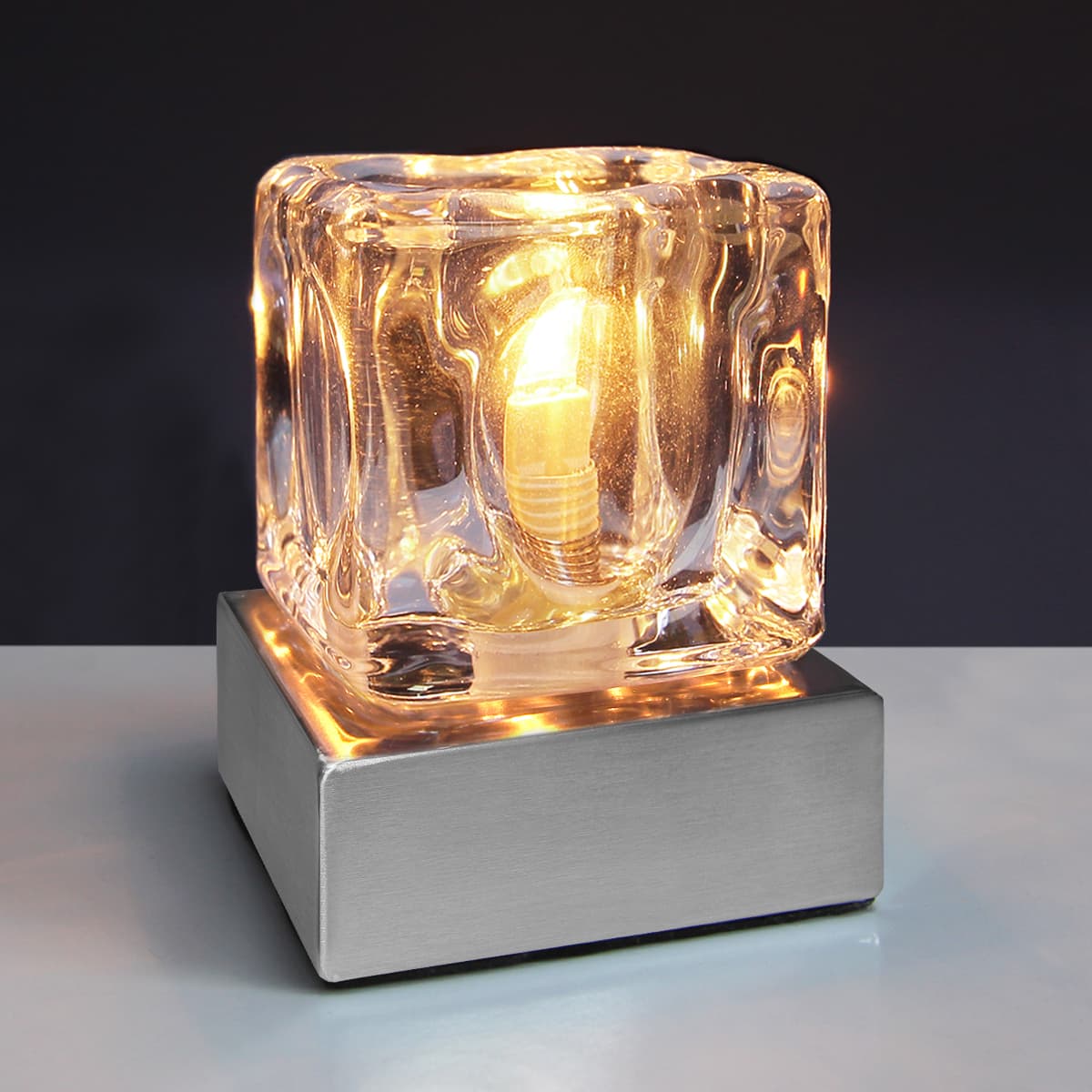 Ambient Glass Ice Cube Touch Dimmable Table Lamp Chrome Brush Satin Base with G9 Bulb 