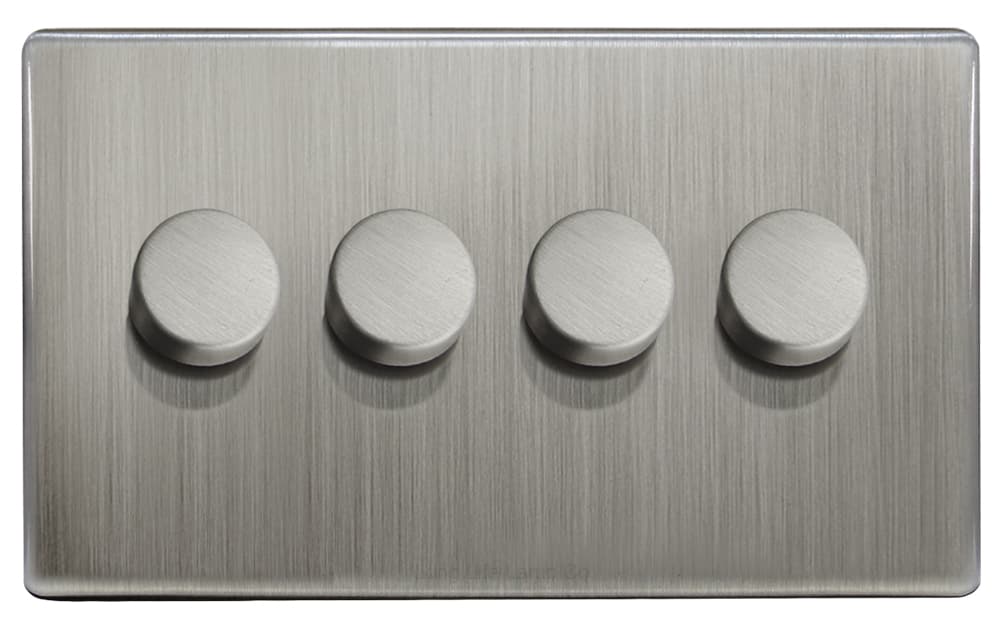 LED Dimmer Gloss Brush Chrome 400w 4 Gang 100w x 4 Screwless Plate Finish N358DME