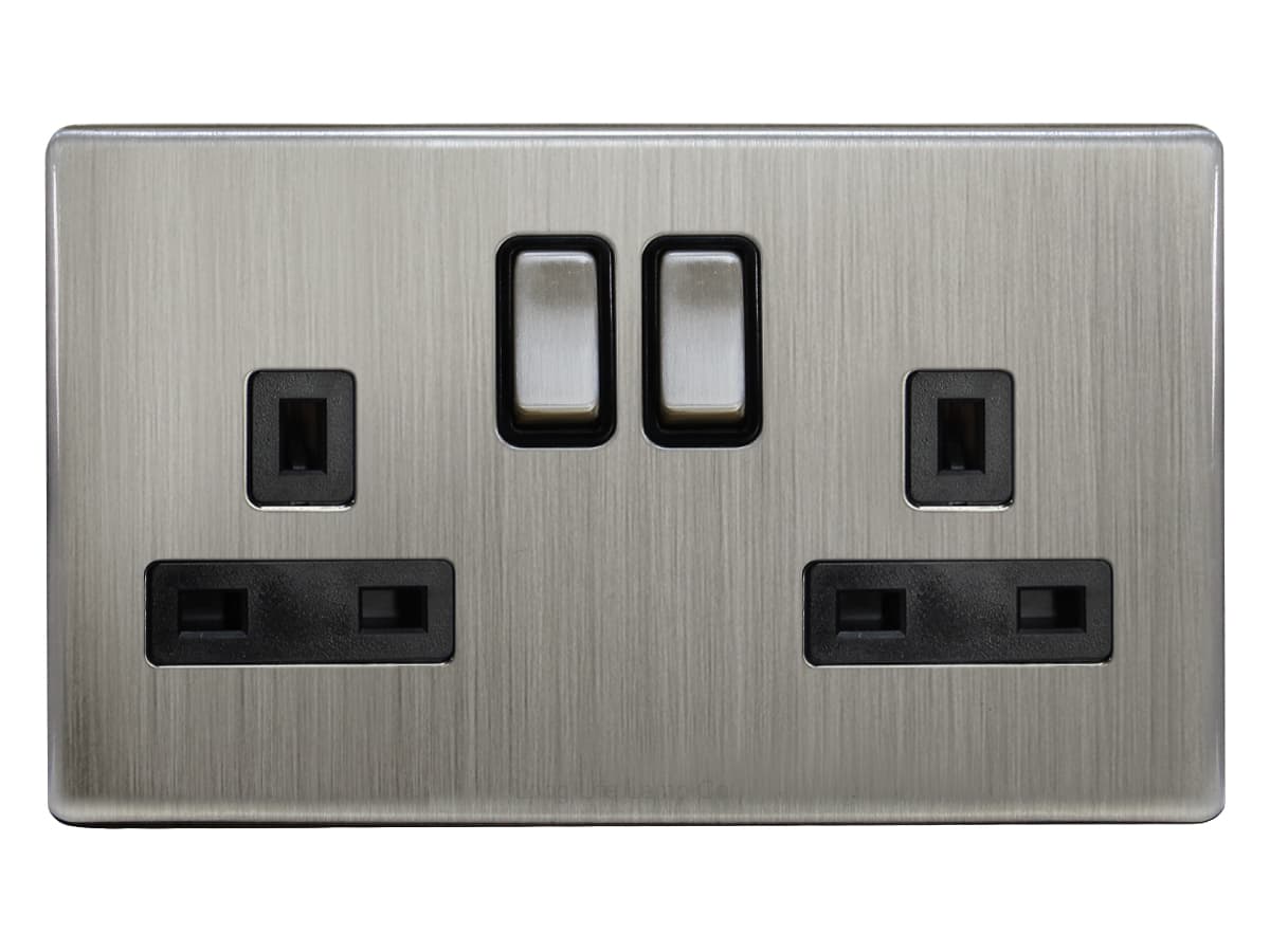 Double Wall Socket Switched Gloss Brushed Chrome 2 Gang Screwless 13a Double Pole N406DME