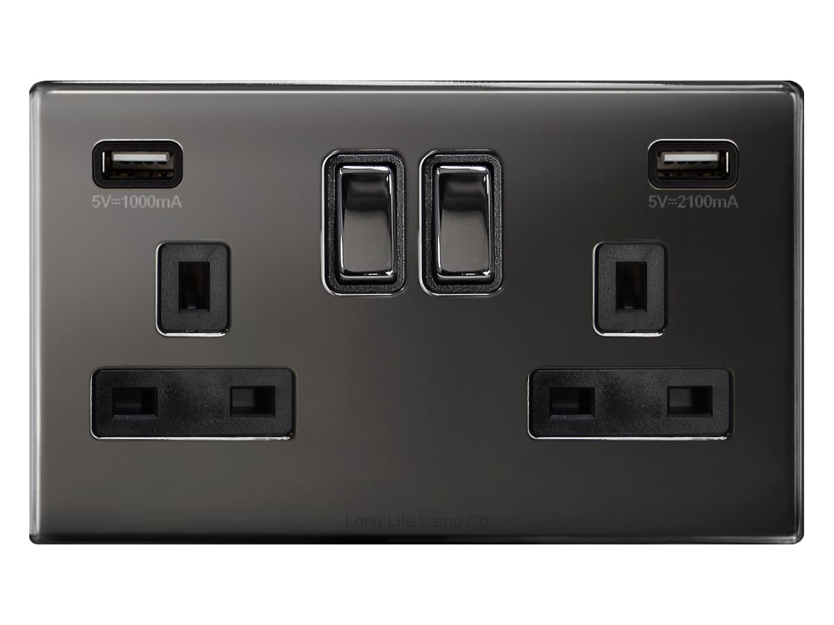 Polished Black Nickel USB Double Wall Plug Socket 2 Gang 13A with 2 USB Charger Port Outlets Plate N776GME