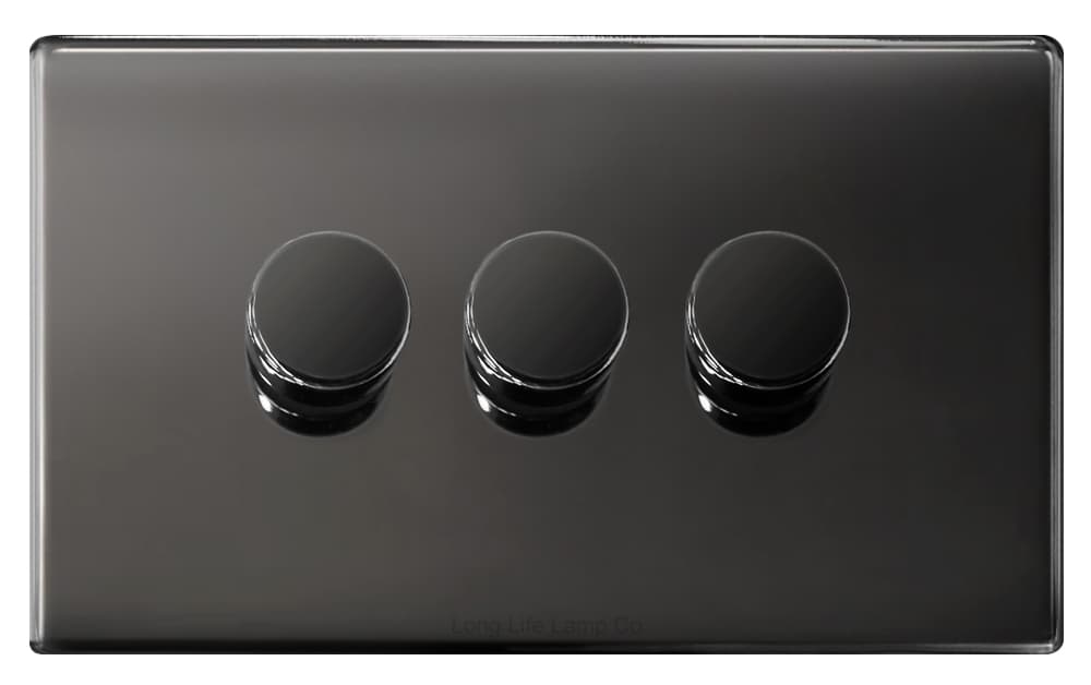 LED Dimmer Switch Black Nickel 300w 3 Gang 100w x 3 Screwless Plate Finish N357GME