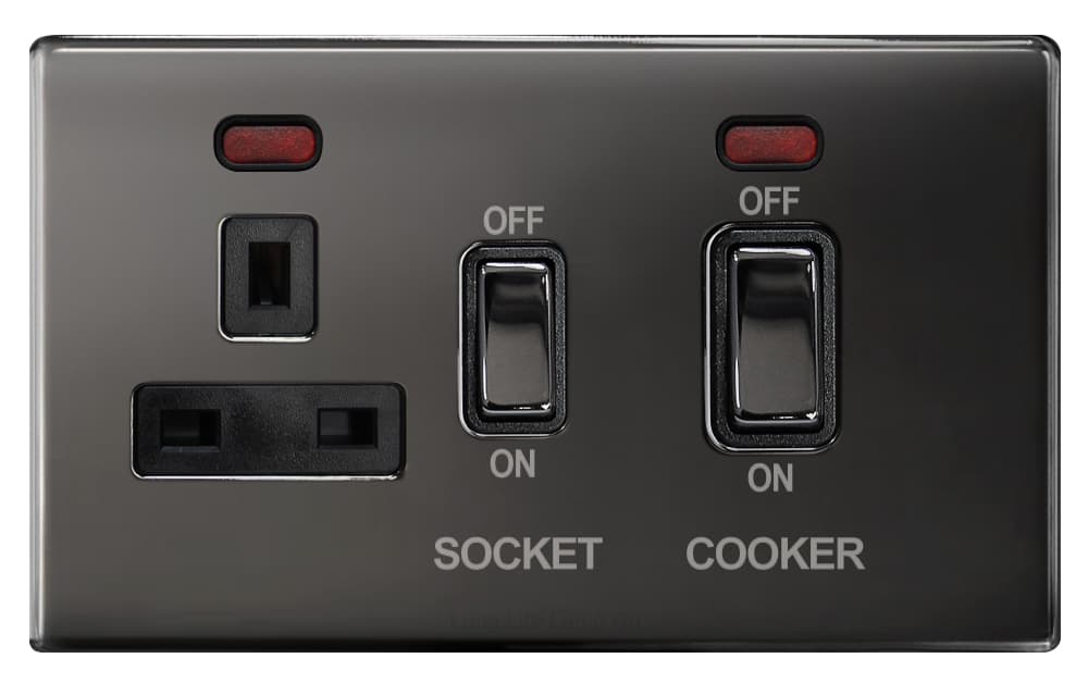 Black Nickel 45A Cooker Control Switch Unit with 13A Socket Neon Indicators N331GME Screwless Plate Finish