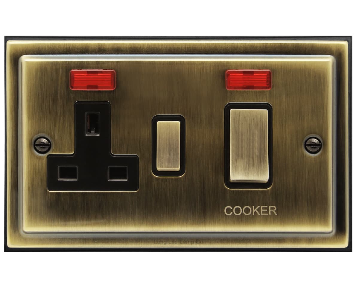 Brush Antique Brass 45A Cooker Control Switch Unit with 13amp Socket Neon Indicators BE331KME 