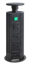 Black Top Power Tower Pop Up Socket With 2 USB Charging Port 3 Plug Sockets 