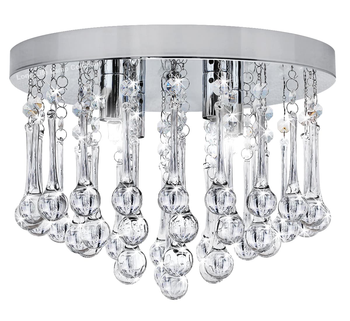 Chandelier Ceiling Light Round Modern Flush Mount Crystal Droplets Chrome Base with 4 LED Bulbs 