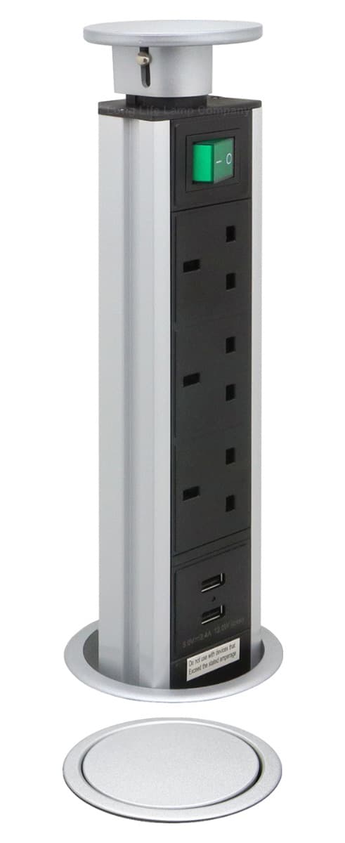 Silver Top Power Tower Pop Up Socket With 2 USB Charging Port 3 Plug Sockets P8083
