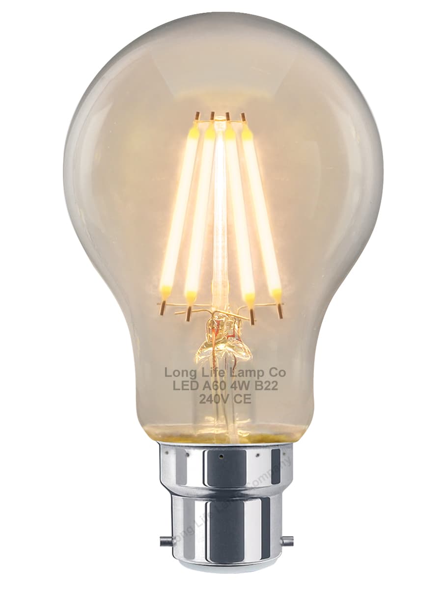 A60 4W LED Filament Light Bulb Warm White B22 Edison Screw Clear Glass