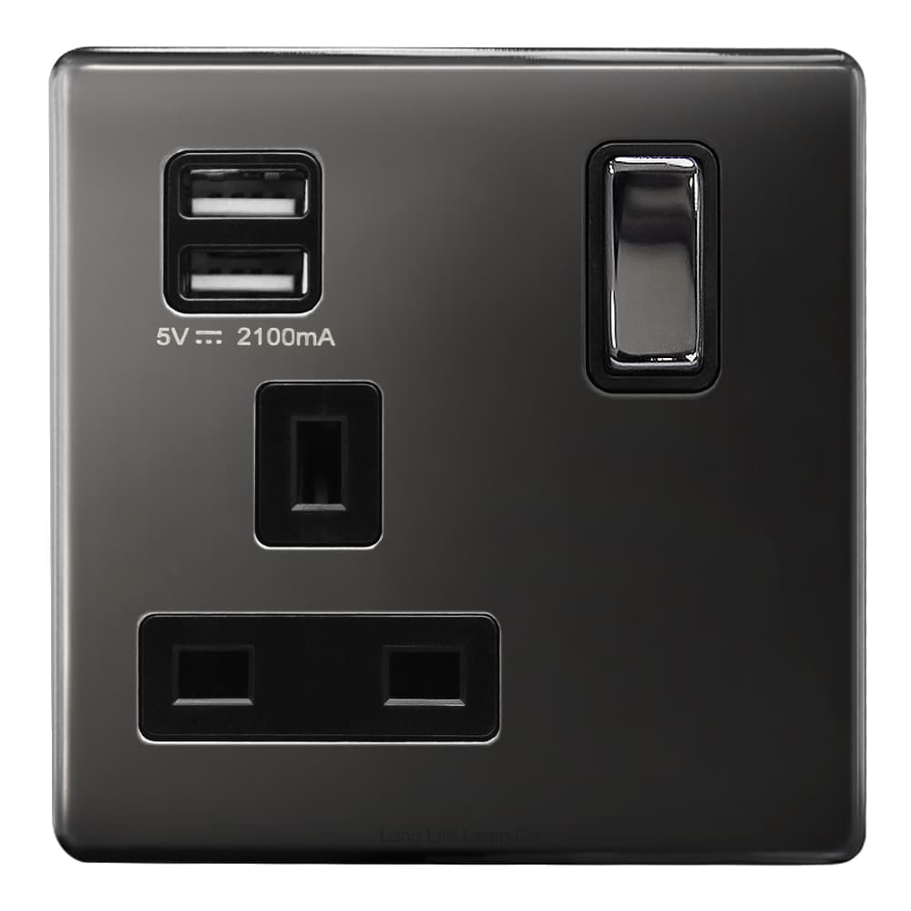 1 Gang USB Switch Socket 13A Twin Port Black Nickel Single Plug Wall Outlet N501GME
