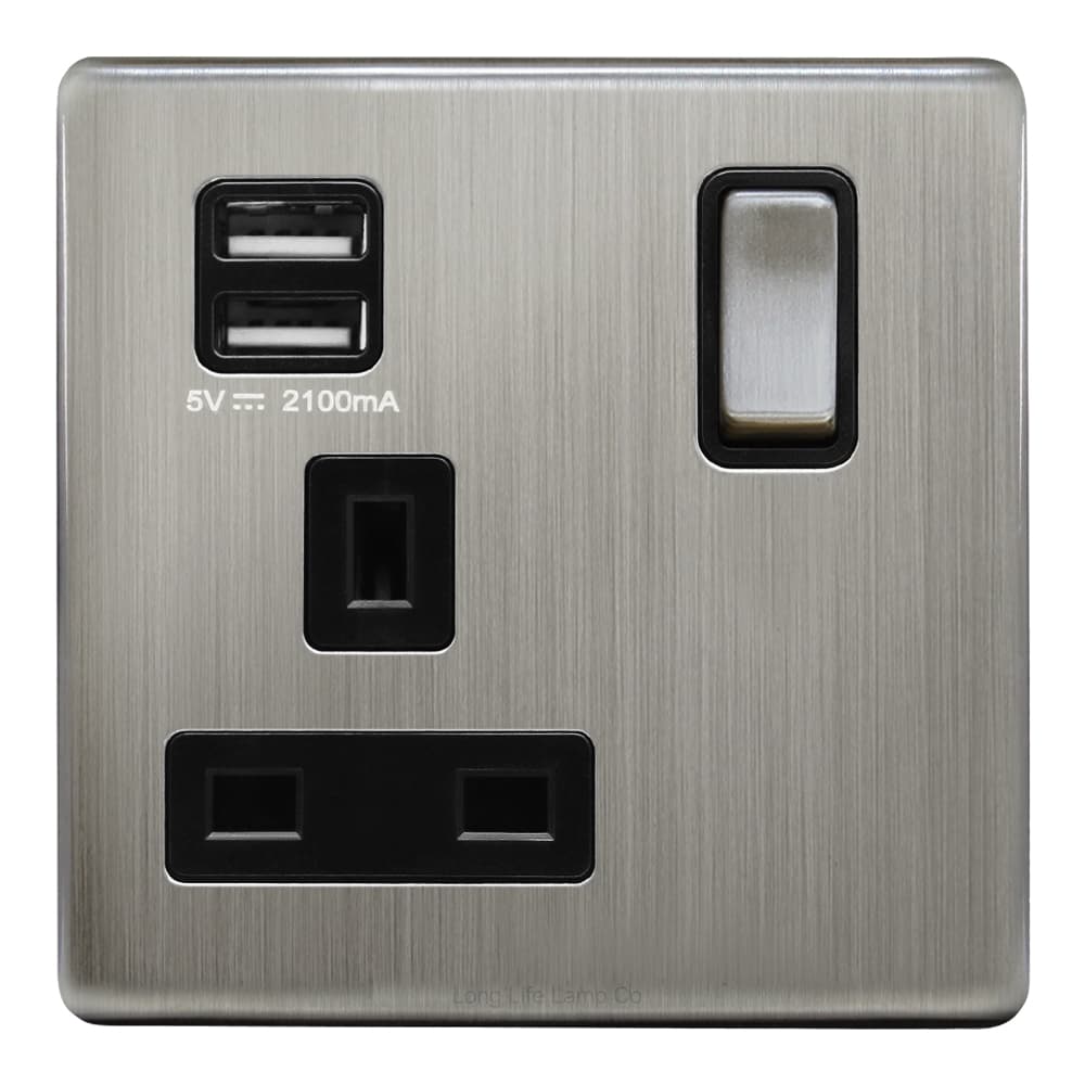 1 Gang USB Switch Socket 13A Twin Port Brushed Chrome Single Plug Wall Outlet N501DME