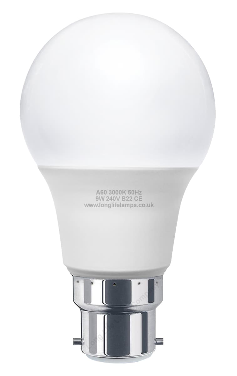 9W LED A60 Light Bulb Bayonet B22 Warm White 3000K