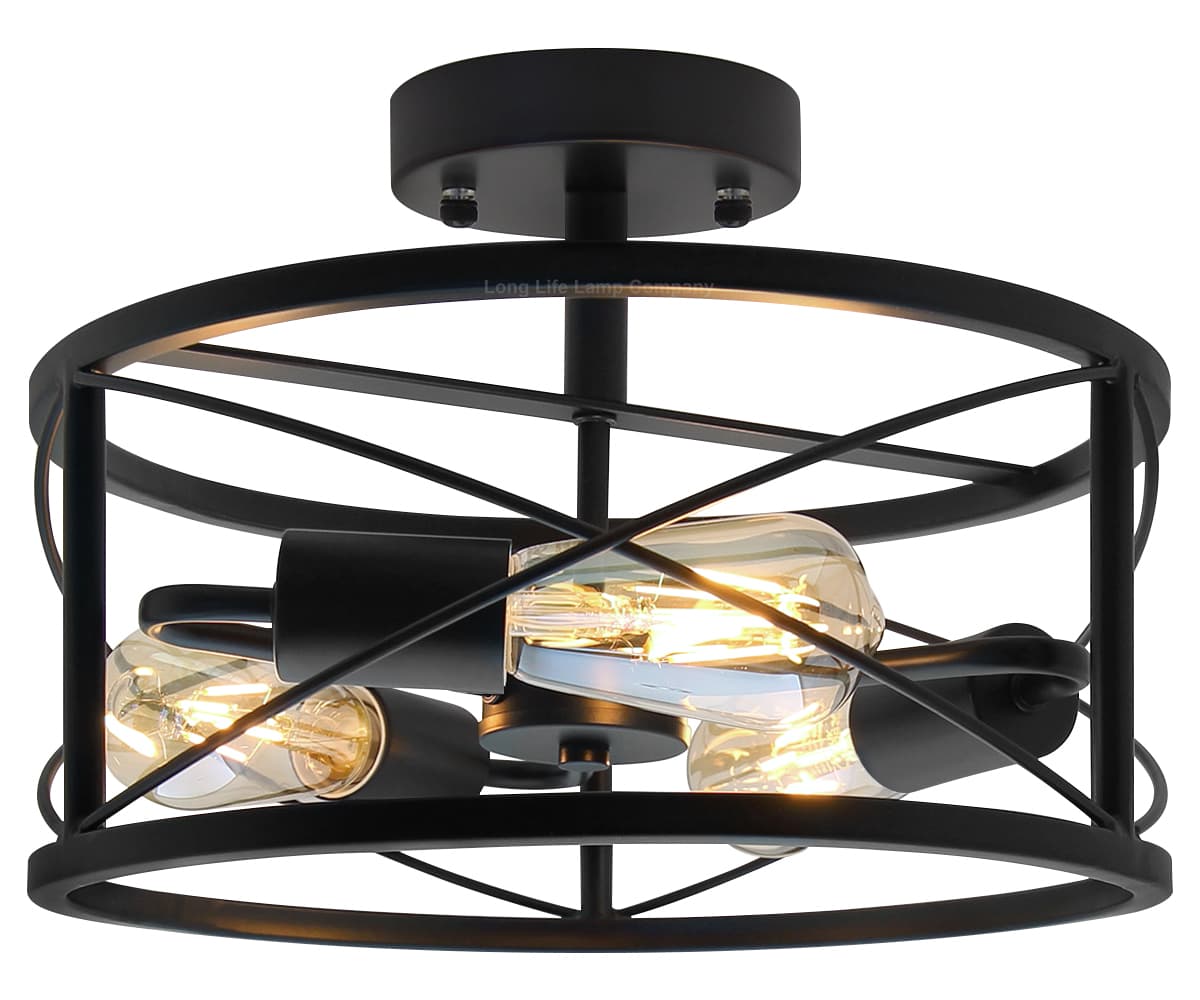 Round 3-Light Industrial Ceiling Lantern Semi Flush Mount Black Shade