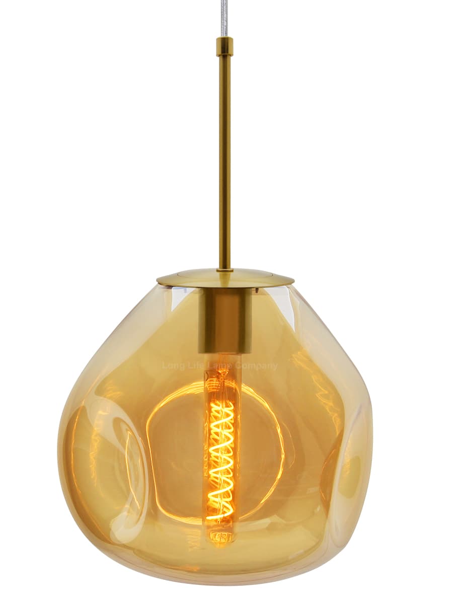 Antique Brass Blown Glass Ceiling Pendant Light Smoked Amber Globe Lamp Shade H3069