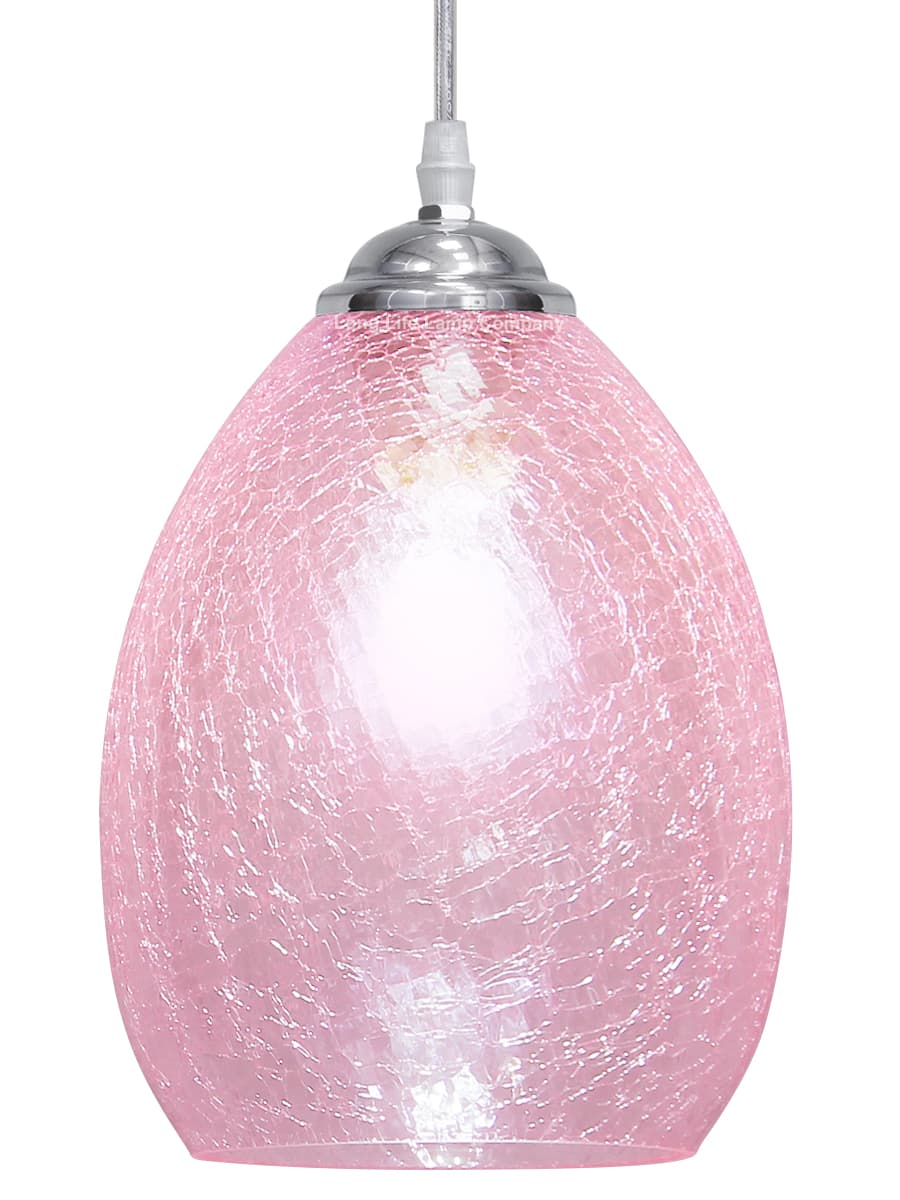 Retro Chrome Ceiling Pendant Light Fixture Pink Cracked Glass Oval Lamp Shade H3056