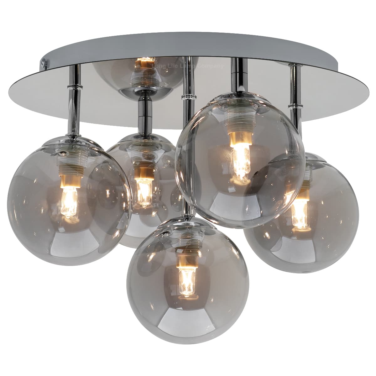 Round Chrome Ceiling Light 5 Smoked Grey Glass Globe Shades Flush Mount H3106 with G9 LED 5w Warm White