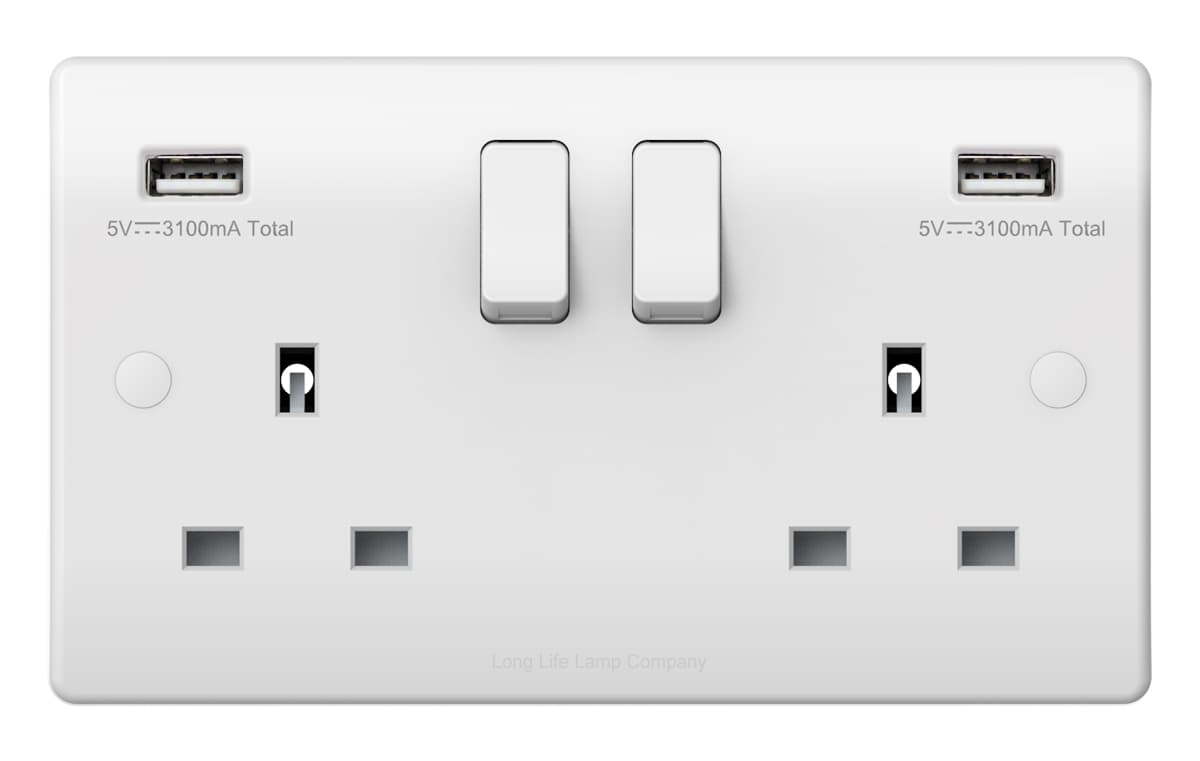USB Double Wall Plug Socket 2 Gang 13A with 2 USB Charger Port Outlets White Socket Plate USBW2