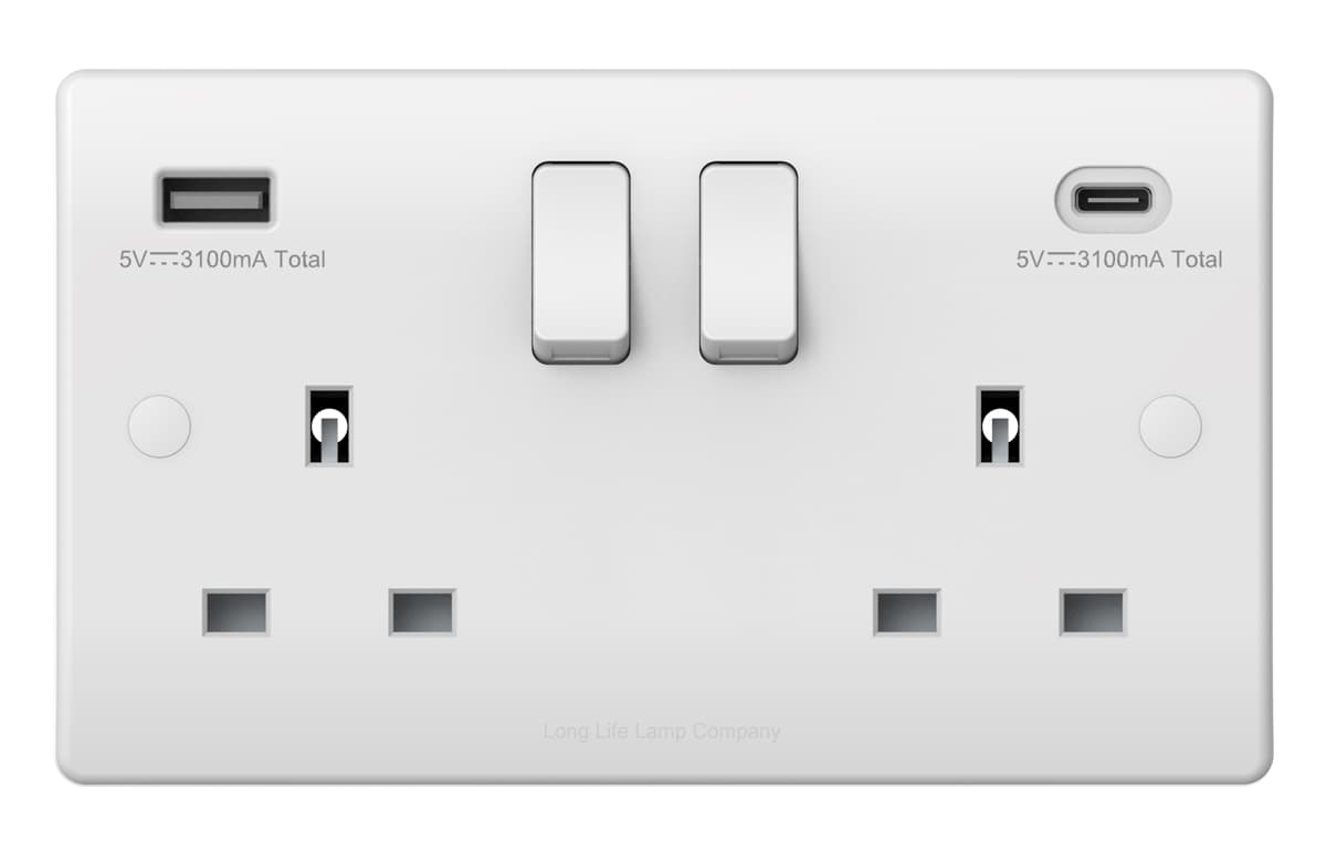 2 Gang 13amp Double Switched Socket USB C and A Charging UK Plug Wall Outlet USBW4AC