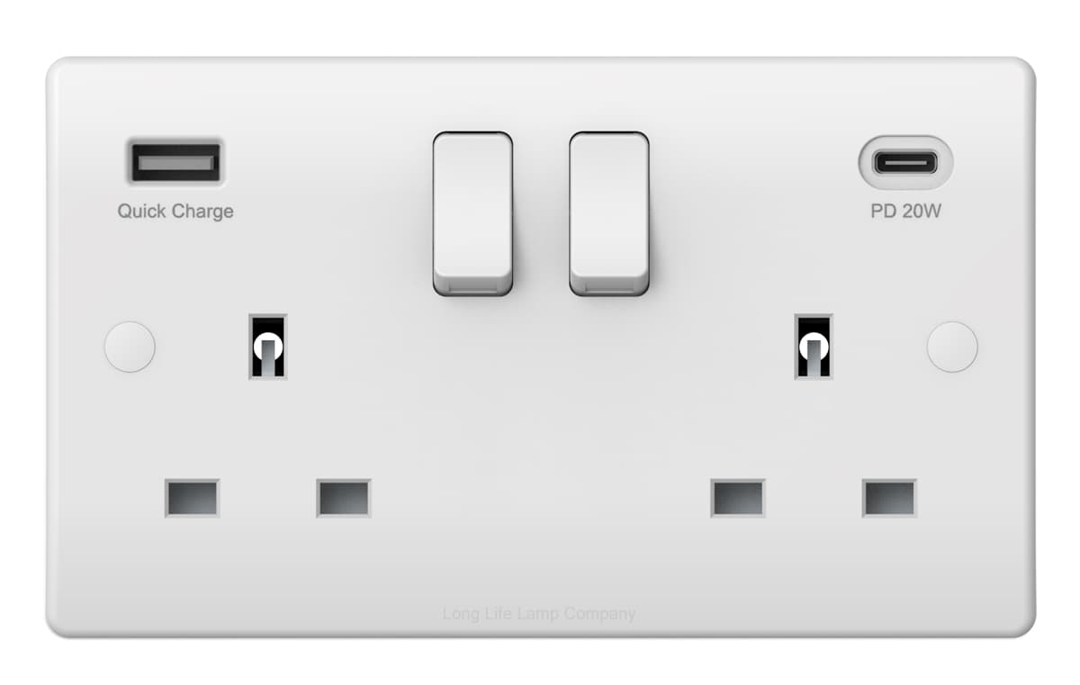 2 Gang 13amp Double Switched Socket USB C PD20W and A Quick Charge UK Plug Wall Outlet USBW3PD