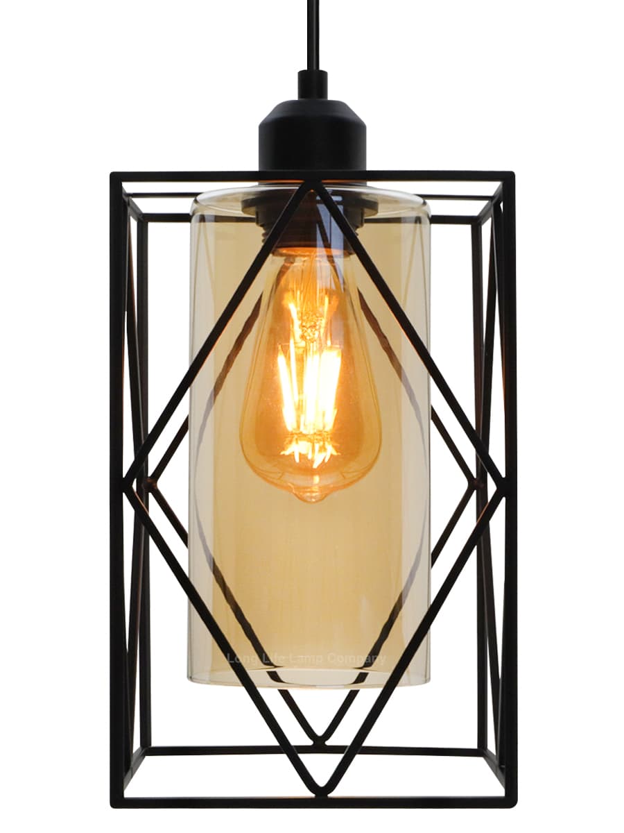 Modern Rectangular Black Metal Cage Amber Cylinder Glass Ceiling Pendant Light H3121