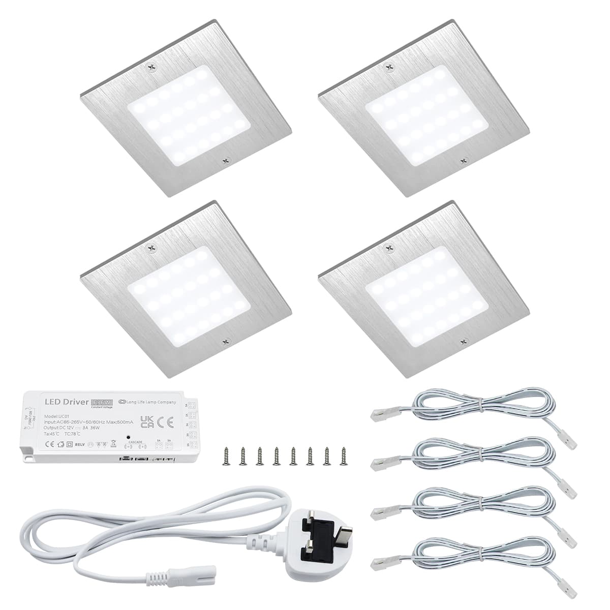 20W LED Under Cabinet Kitchen Lights Slim SQUARE Cool White 6500K Kit of 4 UC03