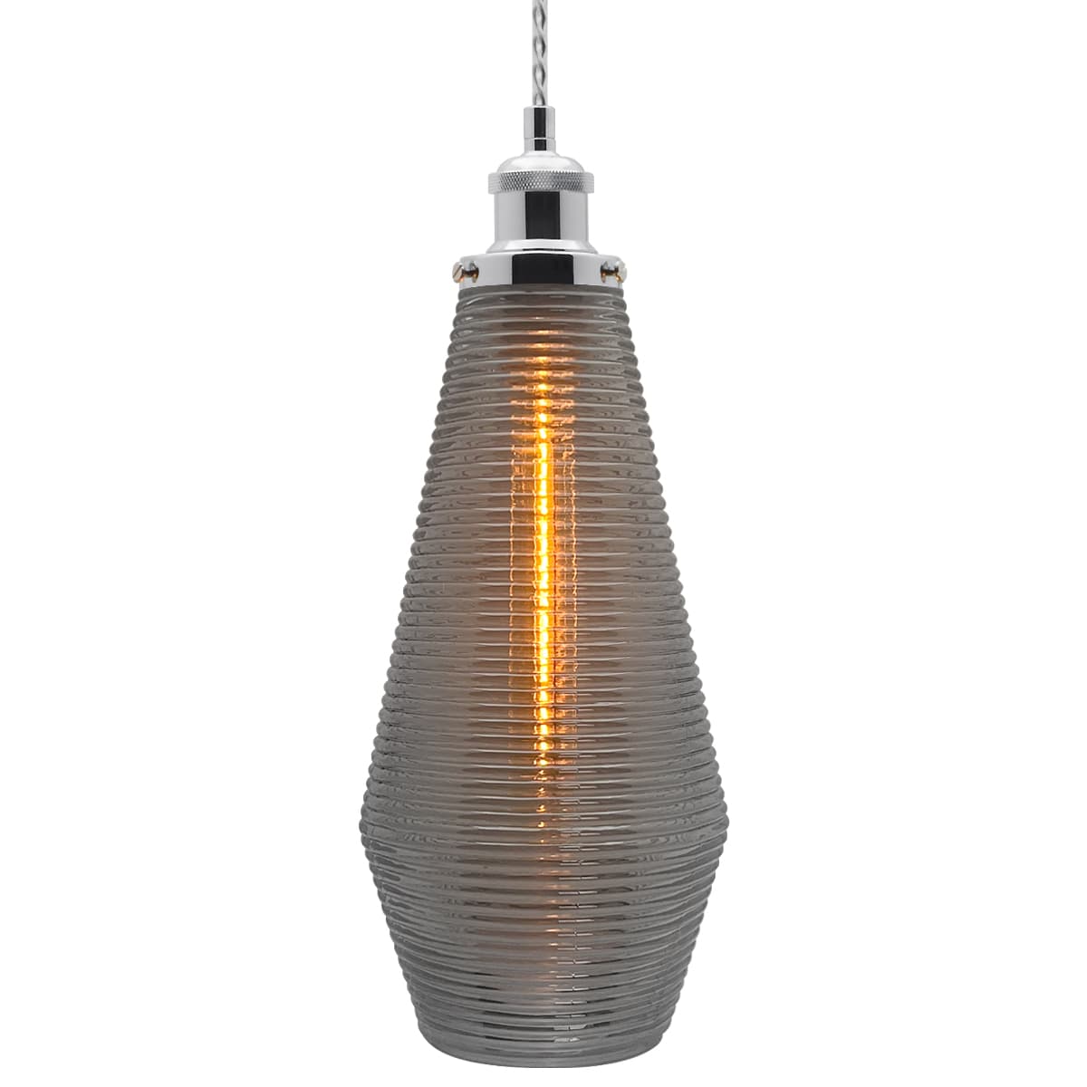Retro Chrome Ceiling Pendant Light Ribbed Smoked Grey Glass Lamp Shade K421