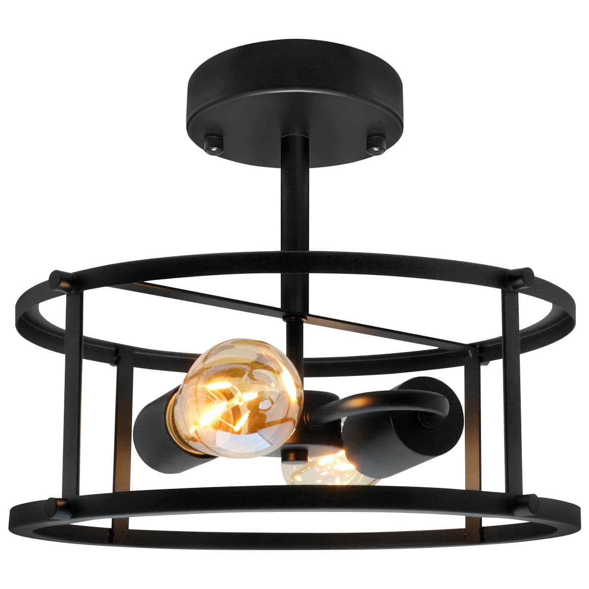 Industrial Black Ceiling Light Round 2 Light Drum Shade Lantern Semi Flush Mount K439 