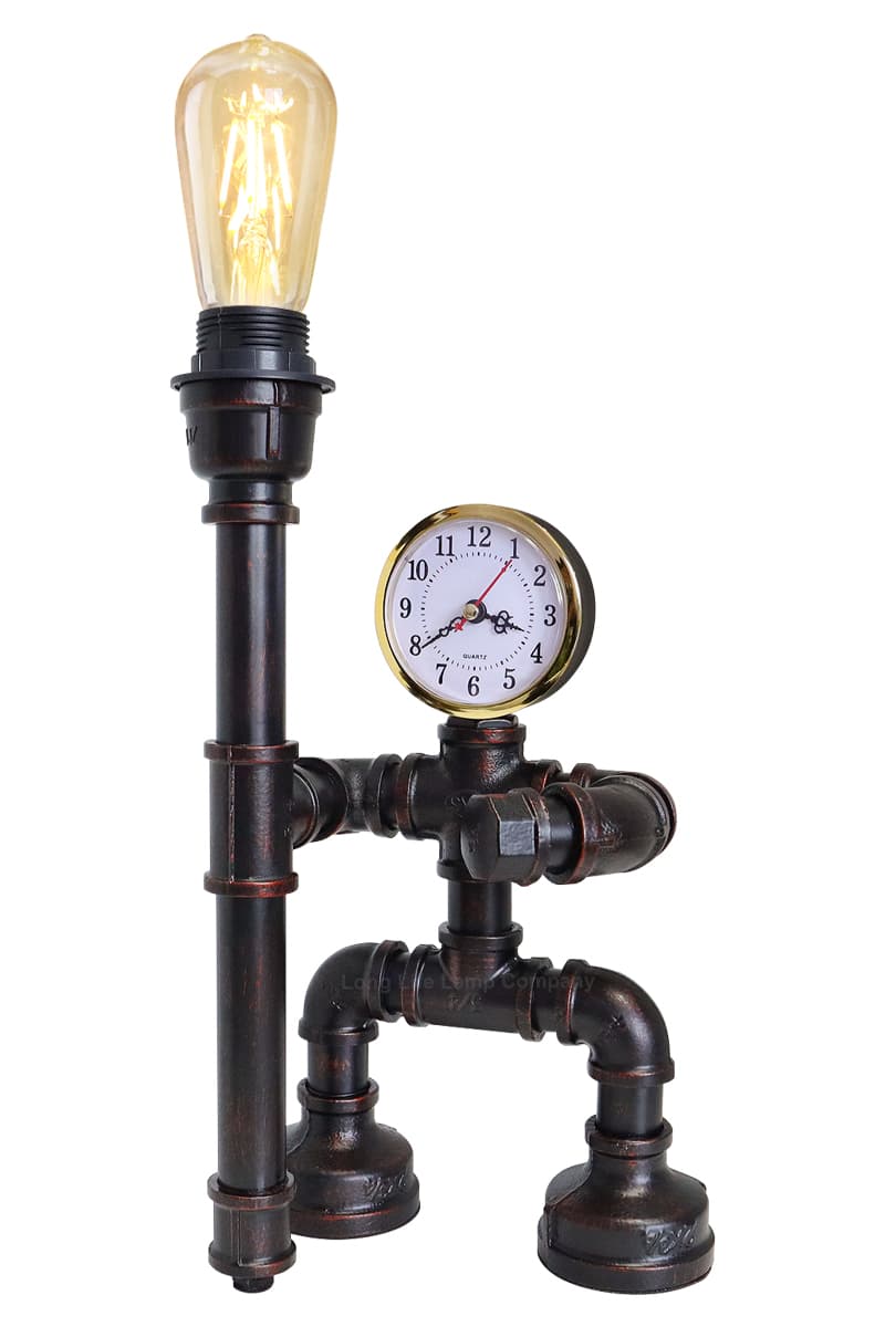 Vintage Industrial Water Pipe Table Lamp Real Clock H3104P with 4w ST58