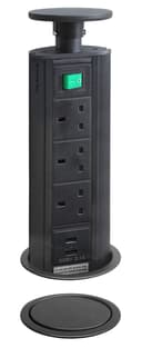 Black Top Power Tower Pop Up Socket With 2 USB Charging Port 3 Plug Sockets 