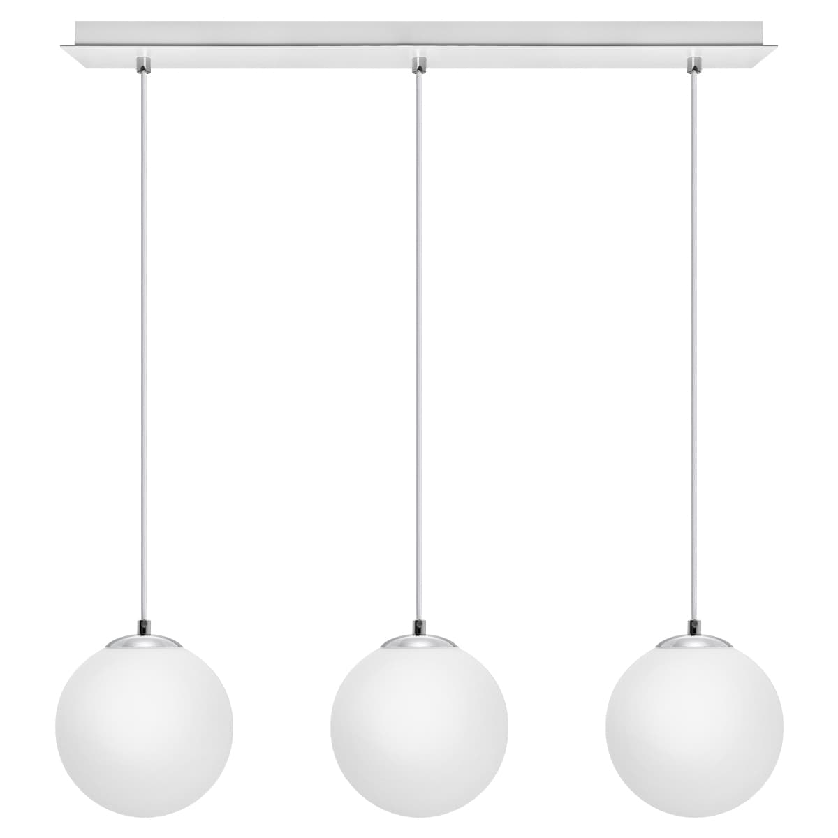 Modern 3 Light Chrome Ceiling Pendant with White Globe Lamp Shades K450