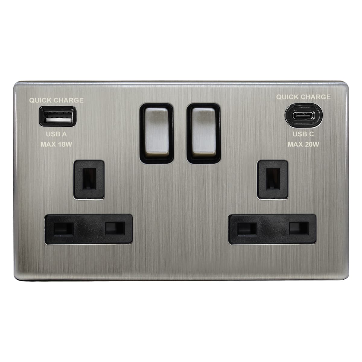 USB Double Socket With 2 USB Charger Port Brushed Chrome Plate Quick Charge PD20W N411820WDME