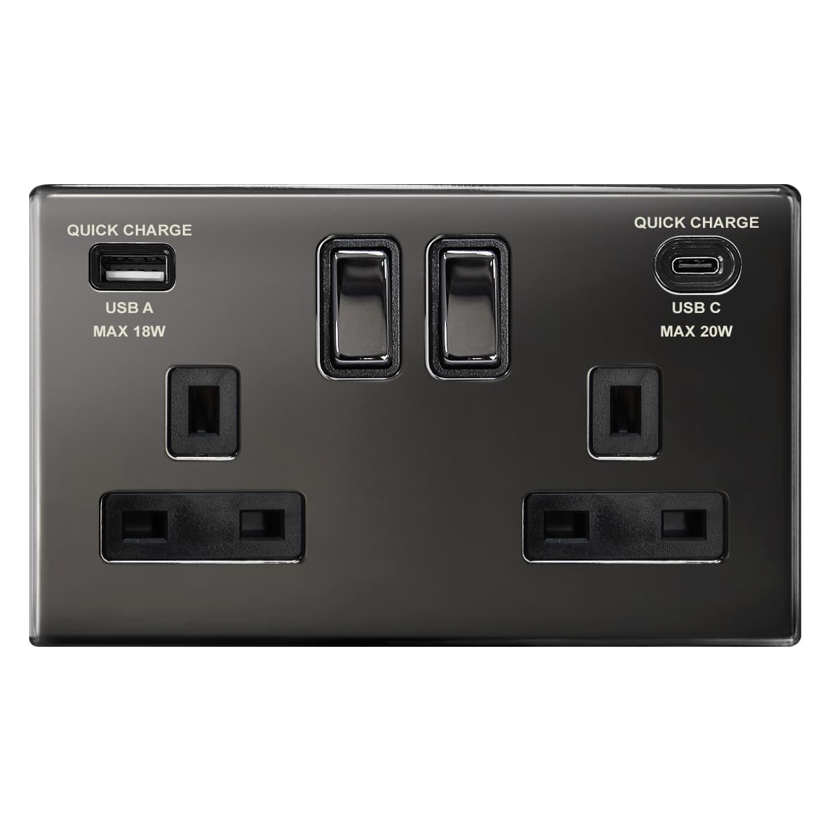 USB Double Socket With 2 USB Charger Port Black Nickel Plate Quick Charge PD20W N411820WGME