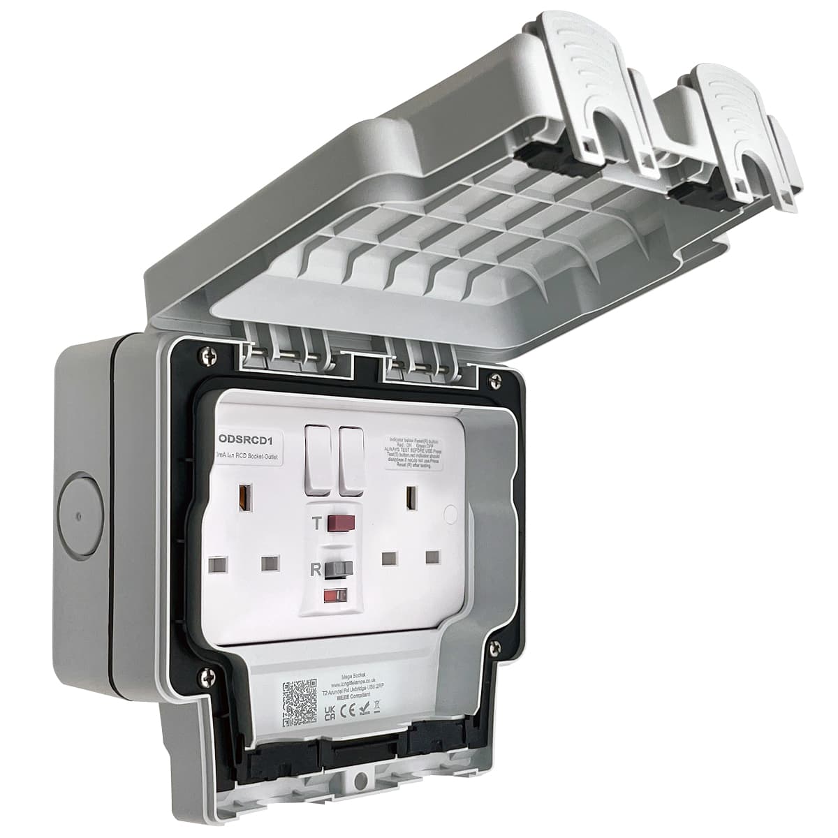 13A 2 Gang Weatherproof Double Outdoor RCD Switched DP Socket IP66 Grey ODSRCD1