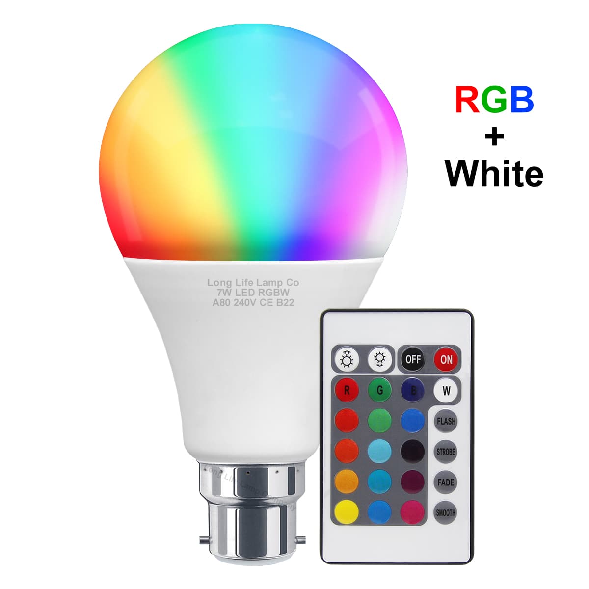 7w B22 RGB LED Colour Changing Light Bulb Remote Control  High Brightness Built In Memory