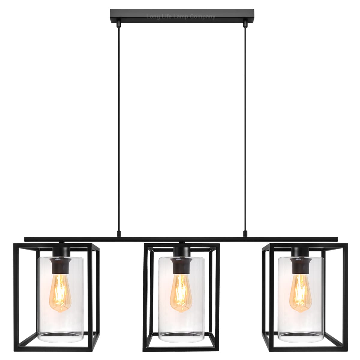 Modern Rectangular Ceiling Lantern Pendant Light Black Frame Clear Glass 3 Light H3051