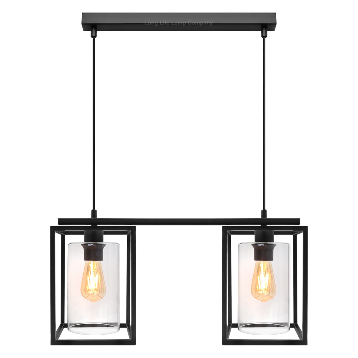 Modern Rectangular Ceiling Lantern Pendant Light Black Frame Clear Glass 2 Light H3052