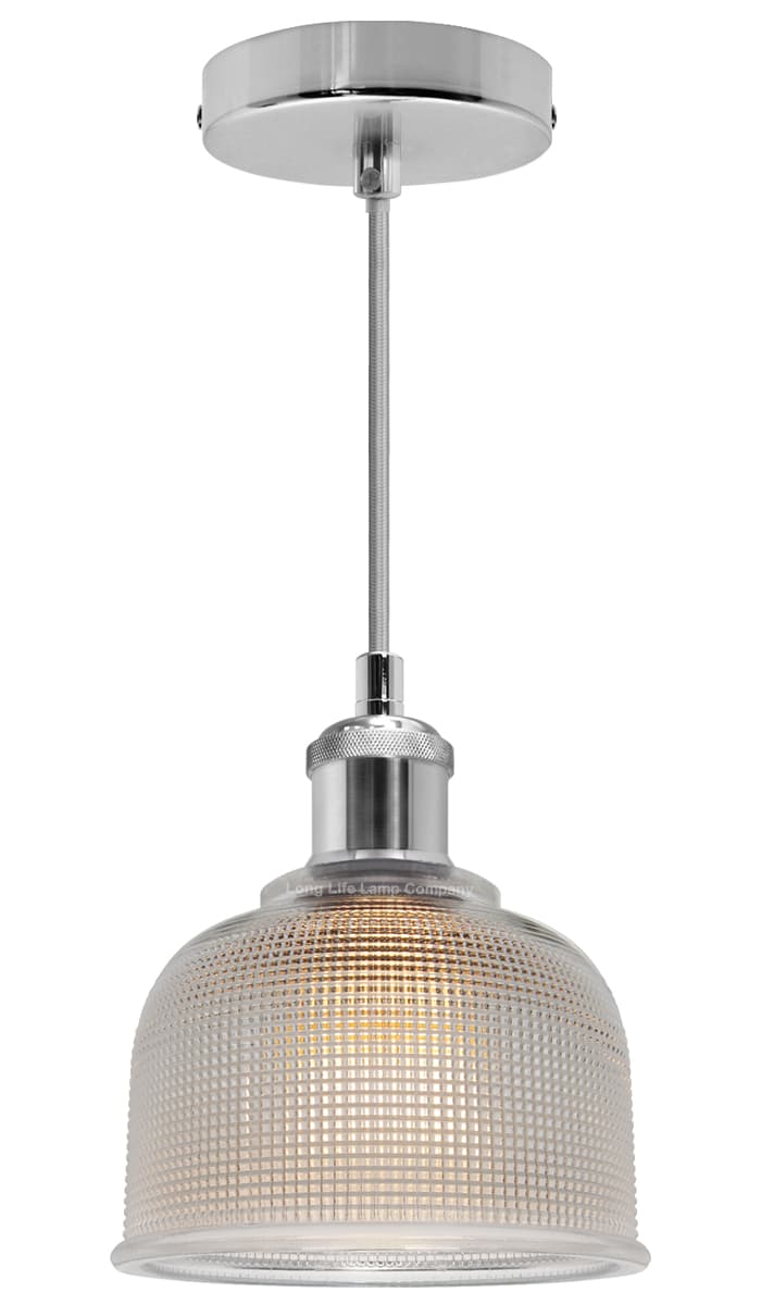 Vintage Chrome Pendant Light Shade Pressed Pattern Glass Bowl 