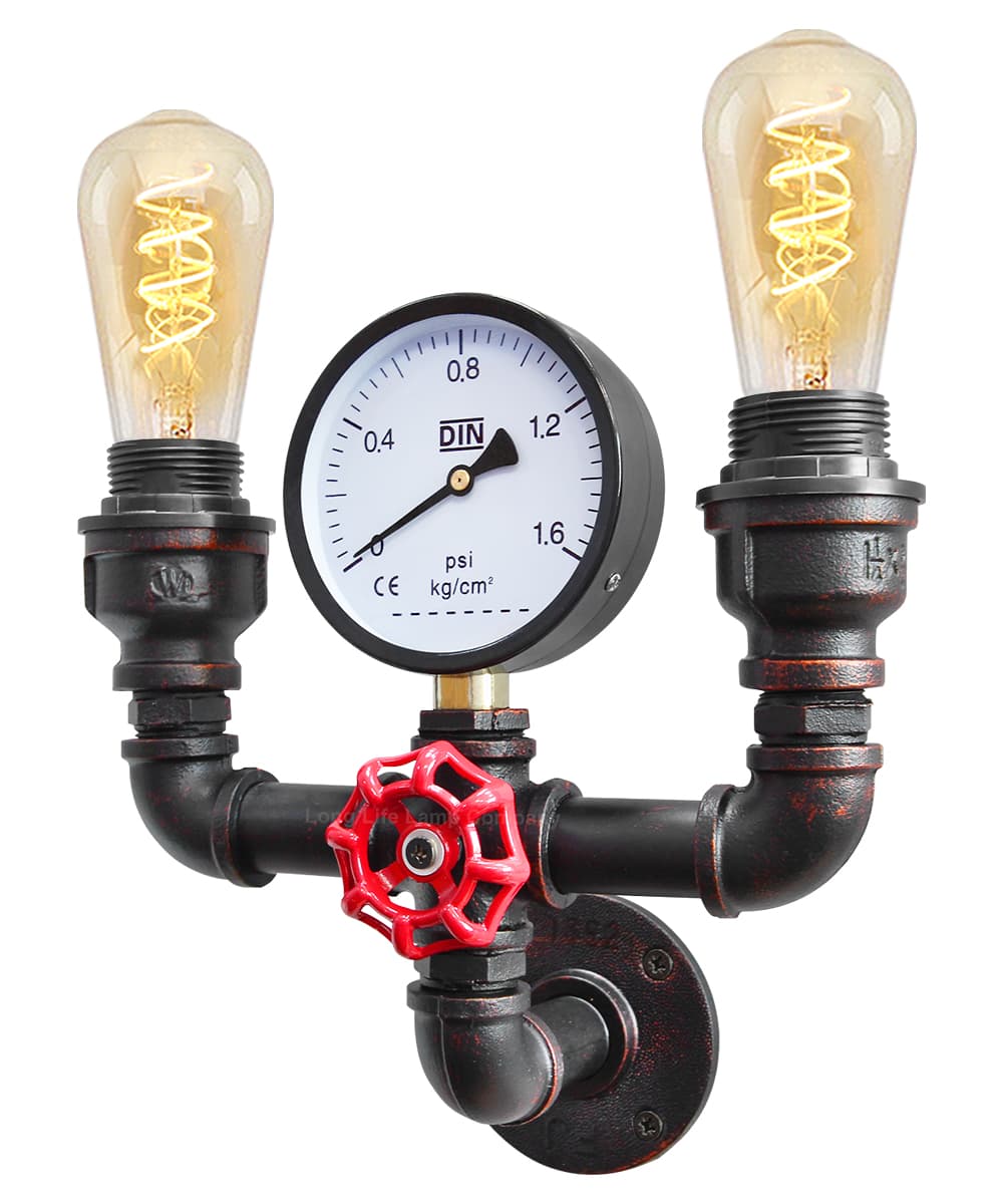 Twin Vintage Industrial Pipe Wall Light with Gauge Valve Tap M0190P 
