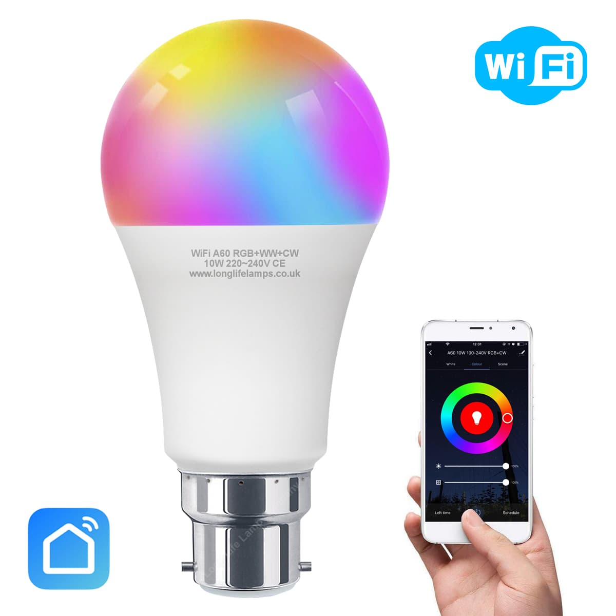 10W B22 LED Smart WiFi Light Bulb Colour Changing Mood Lamp