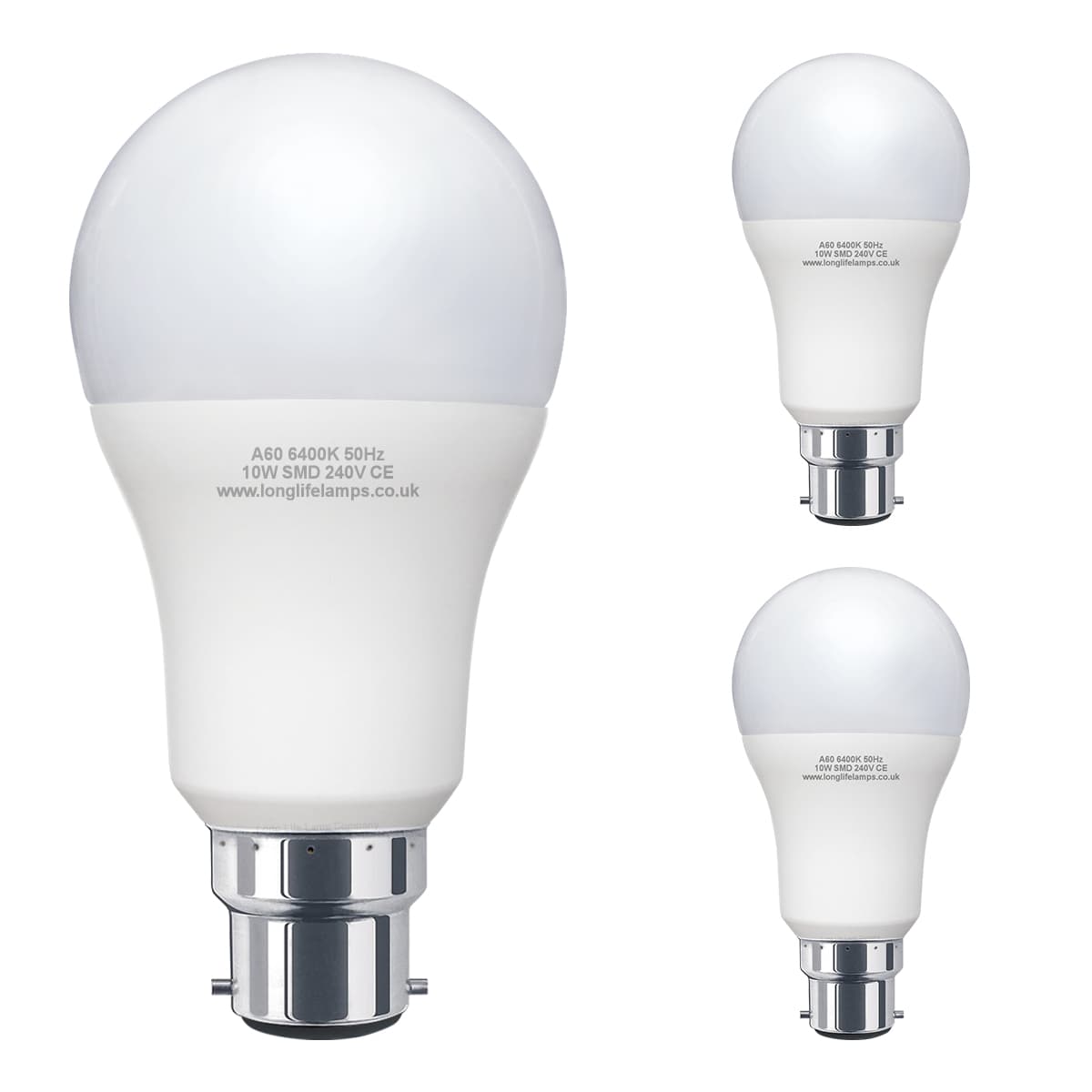 3 Pack 10w GLS LED Light Bulb Cool White B22 Bayonet A60