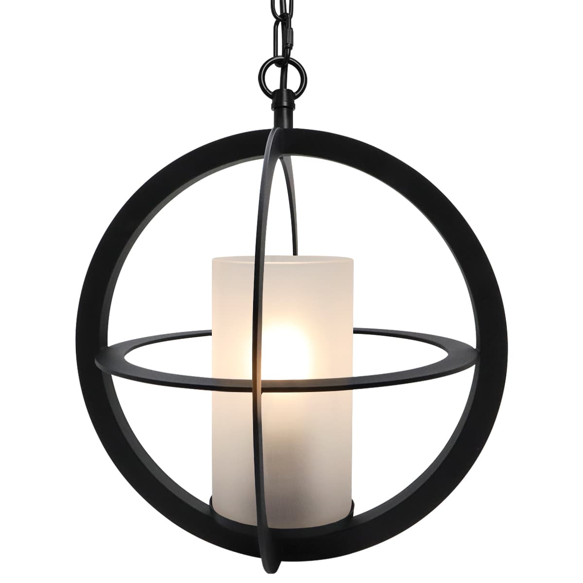 Industrial 3 Ring Ceiling Pendant Light Black Metal Chain Suspended Frosted Glass Lamp Shade K441