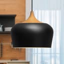 Nordic Modern Black Ceiling Pendant Light Metal Lamp Shade Wood Effect Detail H3024