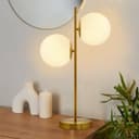 Antique Brass Table Lamp Twin Opal Globe Frosted Glass Shades H3118
