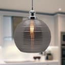 Modern Vintage Smoked Grey Ribbed Glass Globe Ceiling Pendant Lamp Shade K409