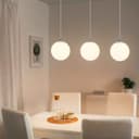 Modern 3 Light Chrome Ceiling Pendant with White Globe Lamp Shades K450