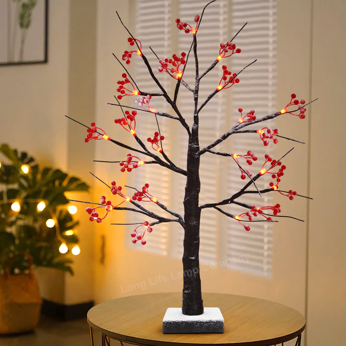 LED Indoor Christmas Brown Colour with Snow and Red Fruit 60cm Mains And Battery Operated TREE05