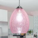 Retro Chrome Ceiling Pendant Light Fixture Pink Cracked Glass Oval Lamp Shade H3056