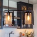 Modern Rectangular Ceiling Lantern Pendant Light Black Frame Clear Glass 2 Light H3052